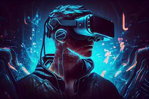 illustration of Metaverse concept and virtual world elements. Side view of human face in augmented or virtual reality headset inside the metaverse photo