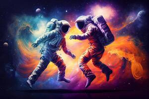 illustration of two astronauts, dressed in spacesuits, are floating in zero gravity while dancing closely. The background is a breathtaking view of the galaxy, with stars and nebulae photo