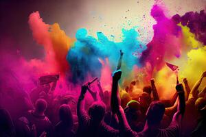 illustration of crowd of fans at concert, Dance, sing, and splatter colored water and paint all over the place to celebrate the festival of colors photo