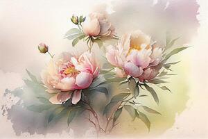 illustration of the delicate beauty of light peony flowers in a watercolor-style image, the flowers a soft and dreamy quality photo