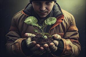 generativo ai ilustración de jardinero participación un brote de un joven vegetal antes de plantando eso en sano suelo foto