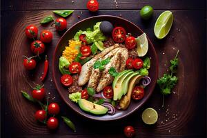 illustration of healthy salad bowl with quinoa, tomatoes, chicken, avocado, lime and mixed greens, lettuce, parsley on wooden background top view. Food and health. photo