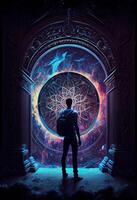 illustration of man in front of portals to fantasy dimensions that radiate power and energy, dramatic, saturated, high contrast, powerful, glowing edges. game and dream concept. photo