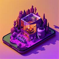 illustration of Office on smart phone, isometric diorama, land plot, pop color, colorful. Digitally generated image photo