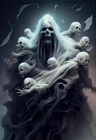 illustration of a giant pile of scary creepy ghosts, eerie, spooky, nightmarish, wispy photo