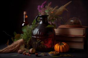 illustration of the ingredients of a flower vase arranged for a witch's cookbook. Herbs, bottles, vials, terracotta mixing pot photo