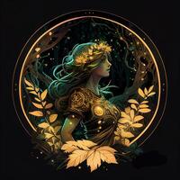 illustration of cyberpunk Zodiac sign with a forest growing on shoulders, galaxy, centered inside intricate gold circle of foliage photo