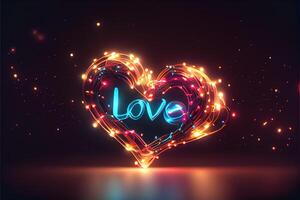 illustration of love heart neon light, decor, bright light, romantic. Love and valentine day concept. Neural network generated art. Digitally generated image. photo