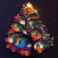 illustration of photo paper cut quilling multidimensional paper cut, craft paper illustration, christmas tree and colored lights vine stars, pop color. Neural network generated art.