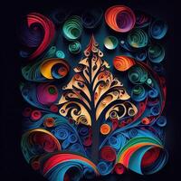 illustration of photo paper cut quilling multidimensional paper cut, craft paper illustration, christmas tree and colored lights vine stars, pop color. Neural network generated art.