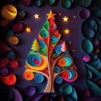 illustration of photo paper cut quilling multidimensional paper cut, craft paper illustration, christmas tree and colored lights vine stars, pop color. Neural network generated art.