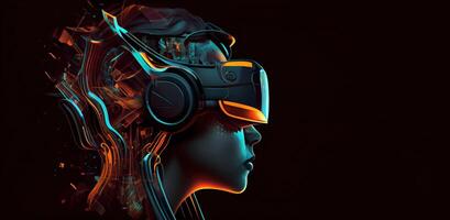 illustration of Metaverse concept and virtual world elements. Side view of human face in augmented or virtual reality headset inside the metaverse photo