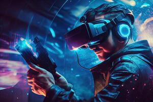 illustration of man with virtual reality VR goggle playing AR augmented reality game and entertainment, futuristic metaverse gameFi NFT game ideas photo