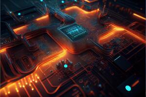 illustration of macro shot of circuit cyberspace board with computer motherboard component microchip with chip structure. Neural network generated art. photo