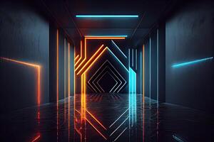 illustration of an abstract dark neon geometric background, set inside a dark and empty room with glowing laser lines on the walls, a wet concrete floor, with neon light reflections photo