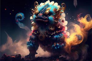 illustration of anthropomorphic traditional Chinese lion dance, big round eyes, plump body, Chinese Spring Festival, luminous particles, smoke photo