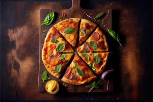 illustration of Homemade pizza with tomato and olives on wooden pizza board, top view, flat lay. Dark stone background photo