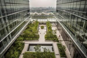 illustration of Gorgeous garden on the rooftop of a contemporary glass office building in Asia photo