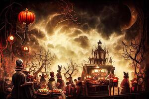 illustration of Colorful halloween indoor party, children playing on night halloween street, creepy castle, american neighborhood background. Digitally generated image. photo