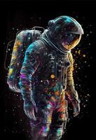 generativo ai ilustración de pasta, ciencia ficción, longitud total, todo cuerpo retrato, anime personaje, espacio astronauta. universal peatonal cuadro. lleno color , negro antecedentes foto