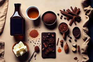 illustration of Ingredients for making coffee flat lay photo