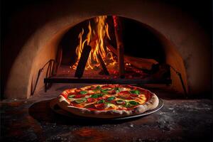 illustration of Italian pizza is cooked in a wood-fired oven. photo