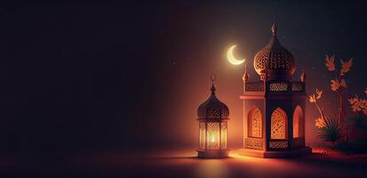 illustration of Islamic holiday. Ramadan night. Mosque and lantern displayed on stages with glowing light in the evening. Wallpaper and banner background. photo