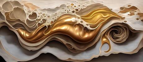 illustration of abstract fluid composing waves of varying sizes and colors is divided into layers, taupe, ivory, white, beige, and soft gold colors, gold glitter photo