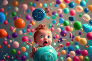 illustration of cute baby character and a lot of lollipops flying around, background confectionery photo