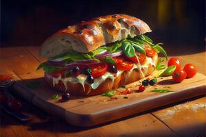 illustration of luxury italian sun sandwich, sitting on a wood board in a small Italian deli photo