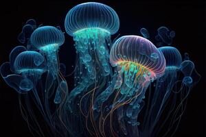 generativo ai ilustración de brillante mar medusas en oscuro antecedentes foto