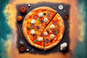 illustration of Homemade pizza with tomato and olives on dark stone background photo