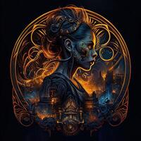 illustration of cyberpunk Zodiac sign with a industrial smoke, mechanic detail on shoulders, pollution, centered inside intricate gold and fire circle of city and Skyscrapers, steam punk photo