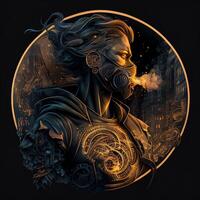 illustration of cyberpunk Zodiac sign with a industrial smoke, mechanic detail on shoulders, pollution, centered inside intricate gold and fire circle of city and Skyscrapers, steam punk photo