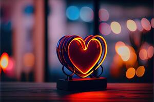 illustration of love heart neon light, decor, bright light, romantic. Love and valentine day concept. Neural network generated art. Digitally generated image. photo