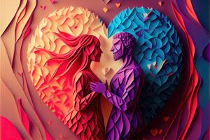 generativo ai ilustración de origami enamorado día fondo, contento pareja, vistoso. papel cortar artesanía, 3d papel estilo. neural red generado Arte. digitalmente generado imagen foto