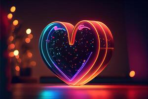 illustration of love heart neon light, decor, bright light, romantic. Love and valentine day concept. Neural network generated art. Digitally generated image. photo