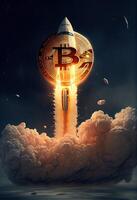 illustration of bitcoin to the moon, bit coin logo and spaceship photo