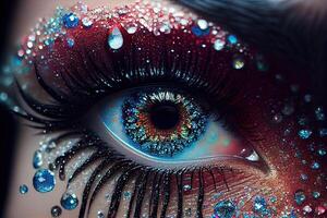 illustration of beautiful female eyes with carnival glass sparkly eyeshadow. Close focus. photo