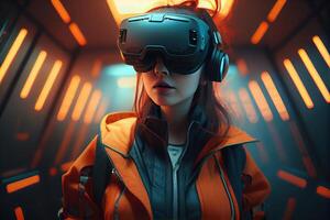 illustration of an enthusiastic young women wearing virtual reality goggles is inside the metaverse. Metaverse concept and virtual world elements photo