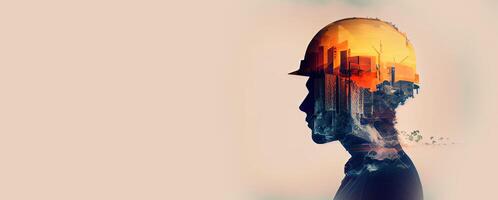 illustration of building construction engineering project devotion with double exposure design in head. Industrial and architecture. Neural network generated art. photo