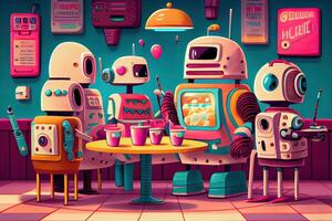 illustration of a futuristic robot cafe with a wide range of robot customers, where robots of all shapes and sizes come to enjoy a cup of java or a sweet treat photo