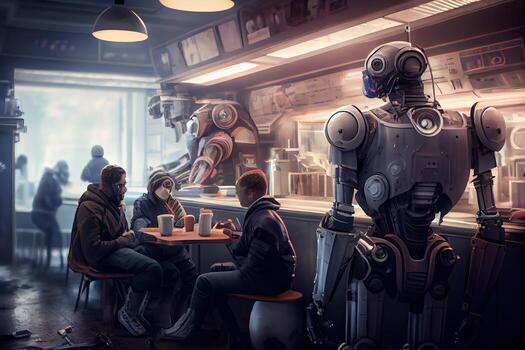 illustration of a futuristic robot cafe with a wide range of robot customers, where robots of all shapes and sizes come to enjoy a cup of java or a sweet treat photo