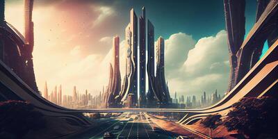 illustration of fantasy futuristic city with highways and skyscrapers, cyber city photo