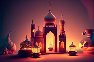 illustration of Islamic holiday. Ramadan night. Mosque and lantern displayed on stages with glowing light in the evening. Wallpaper and banner background. photo