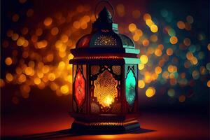 illustration of Muslim Holy Month Ramadan Kareem Arabic Lantern with bokeh, Neon light and lantern displayed on stages with glowing light in the evening. Wallpaper and banner background. photo