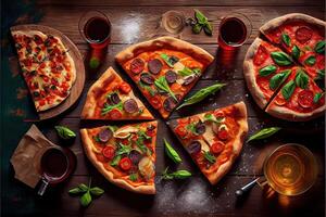 illustration of pizza party dinner. Flat-lay of various kinds of Italian pizza, salad and red wine in glasses over rustic wooden table, top view, wide composition photo