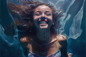 illustration of Girl swims in swimming pool underwater, happy active teenager dives and has fun under water photo