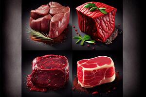 Generative AI illustration of variety of raw beef meat steaks for grilling with seasoning and utensils, assorted raw beef meat, fresh raw beef steaks on wooden board photo