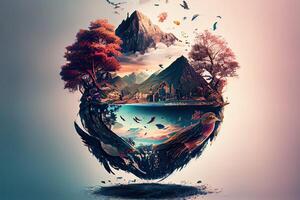 illustration of the beauty of nature with a stunning double exposure landscape featuring a river, trees, and feathers photo